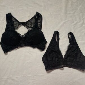 Women’s MAE Black Lace Sheer Wirefree Bralette & Sweetheart Neckline BraBundle M